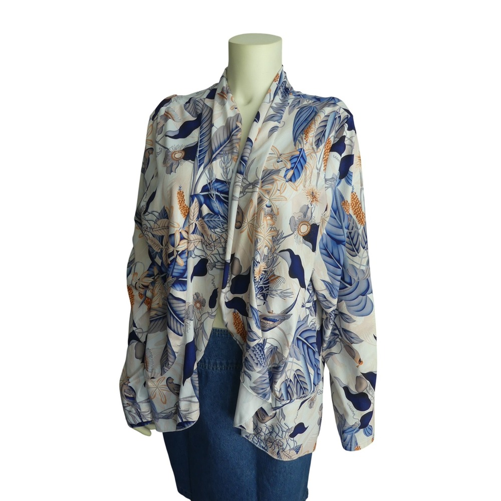 LOVEU.DEAR Women 2XL Tropical Bird Floral Draped Open Front Ruffle Hem Cardigan